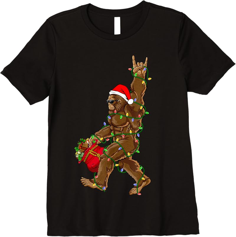 Santa Bigfoot Christmas Lights Rock Funny Sasquatch Believe T-Shirt ...