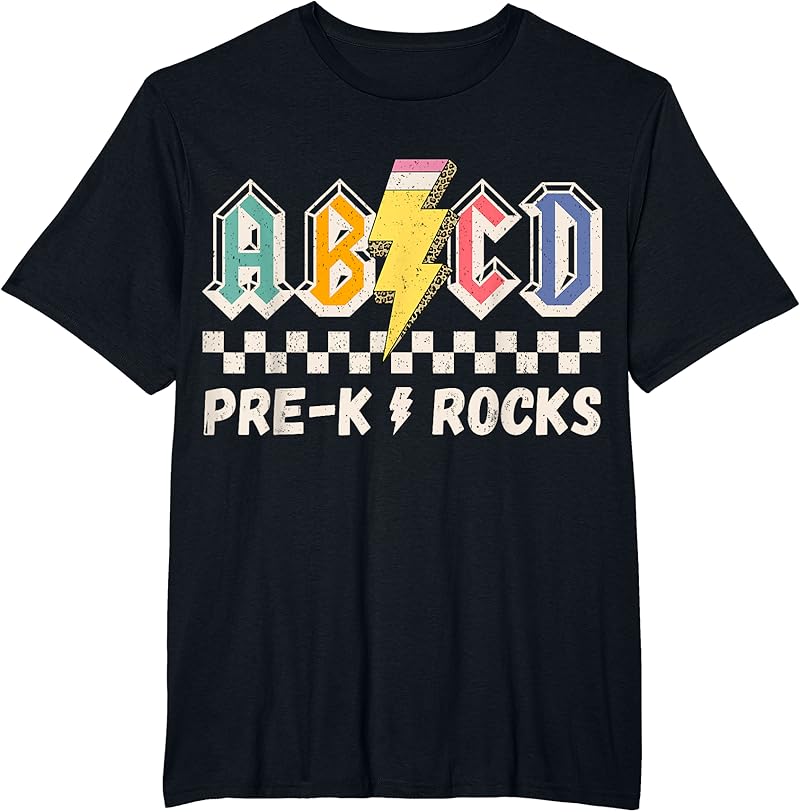 Abcd Pre-K Kindergarten Rocks Pencil Lightning Teachers Rock T-Shirt ...