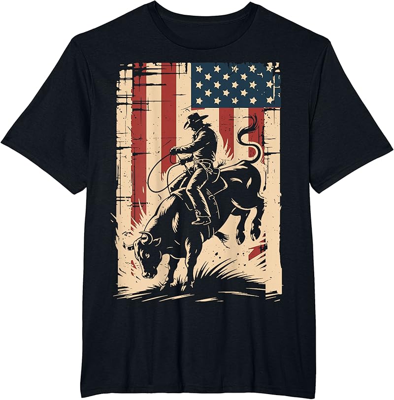 American Flag Bull Riding Cowboy Patriotic Rodeo Bull Rider T-Shirt ...