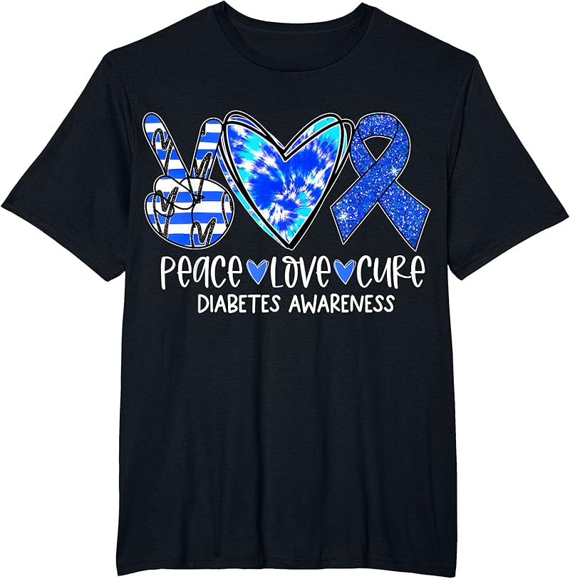 Peace Love Cure Diabetes Awareness Blue Ribbon T1D Type 1 2 T-Shirt ...