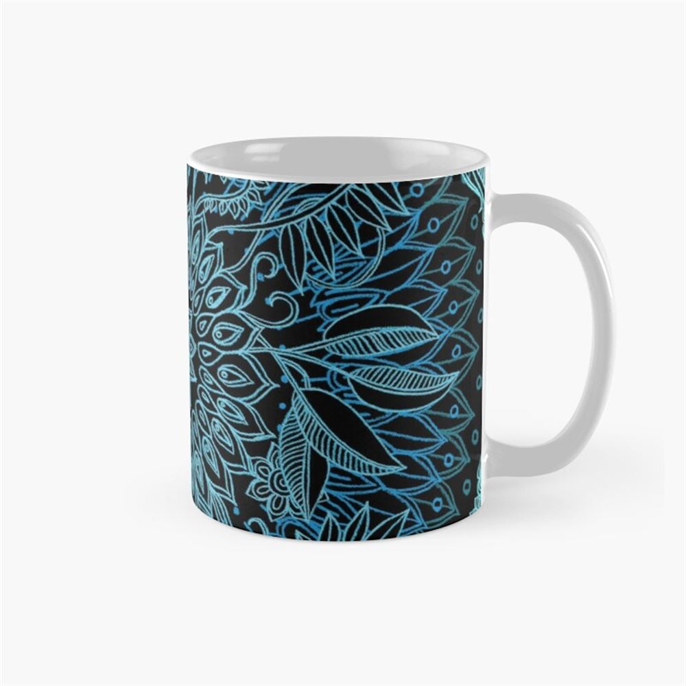 Black Teal Aqua Protea Doodle Pattern Coffee Mug 11oz 15oz