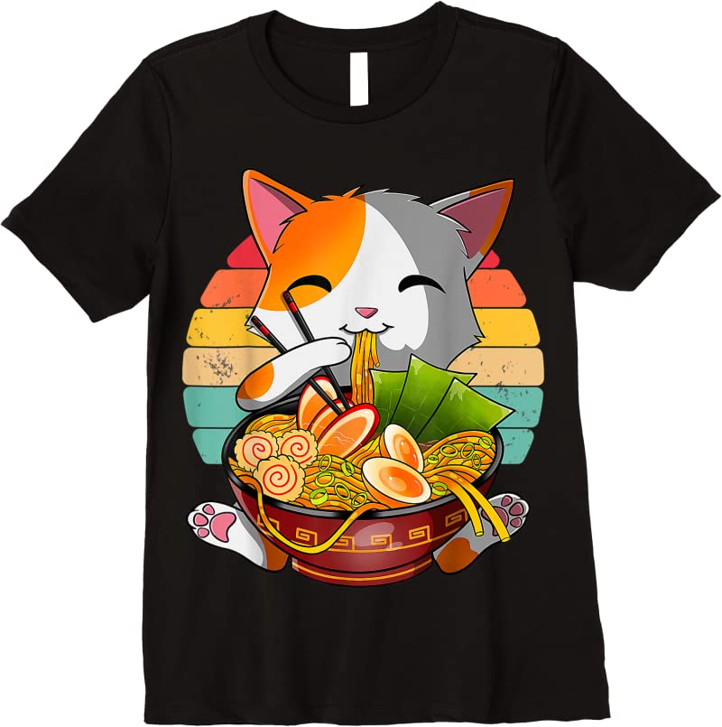 New Kawaii Ramen Cat Japanese Neko Noodle Funny Vintage Anime T Shirts ...
