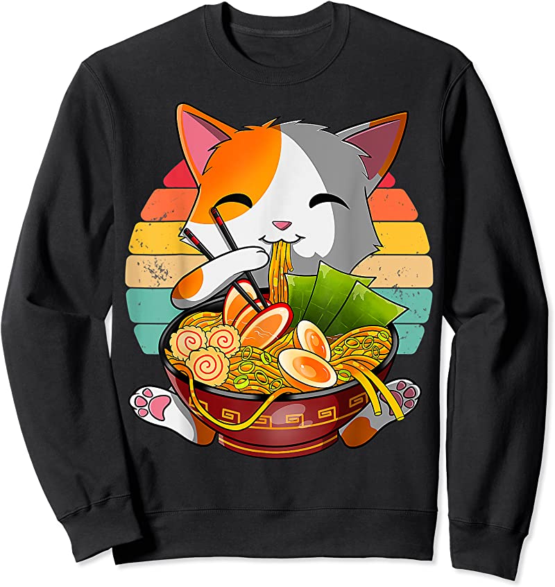 New Kawaii Ramen Cat Japanese Neko Noodle Funny Vintage Anime T Shirts ...