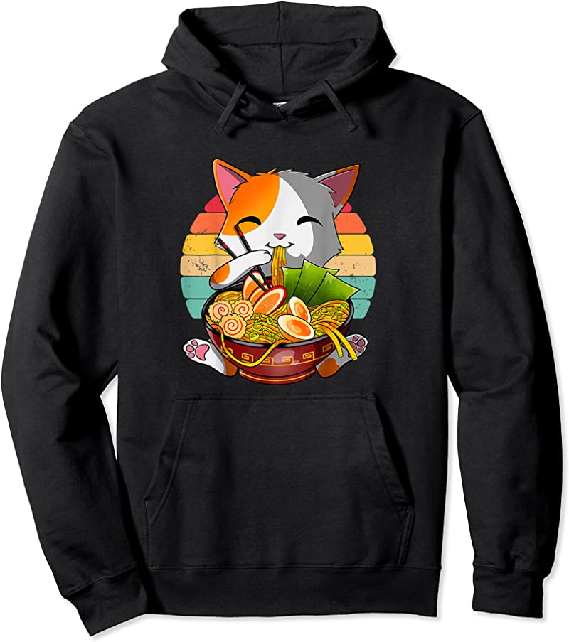 New Kawaii Ramen Cat Japanese Neko Noodle Funny Vintage Anime T Shirts ...
